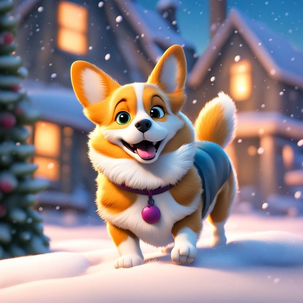 Corgi and Grey Cat in Snowy Pixar Style