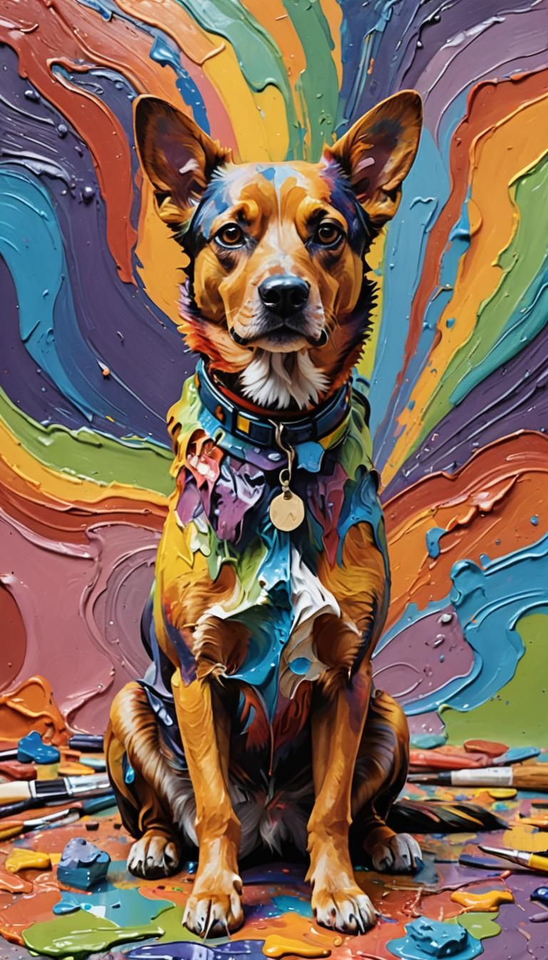 Dog with Brushes on Palette in Impasto Style