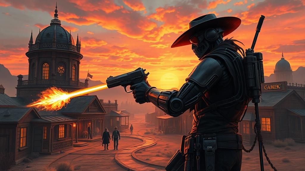 Cyborg Gunslinger Duel in Gothic Western Town