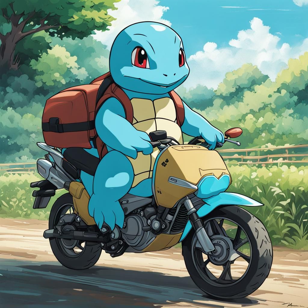 Squirtle Rides a Honda Motorcycle in Anime Style