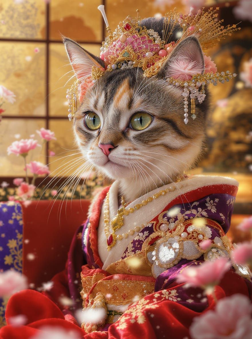 Cat Geisha in Ethereal Rococo Style