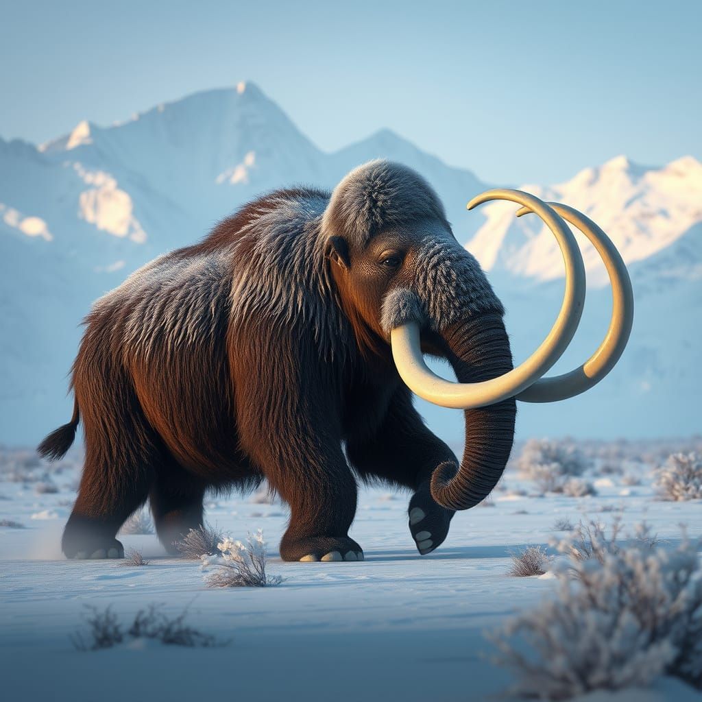 Woolly Mammoth on Frozen Tundra in Hyperrealistic Style