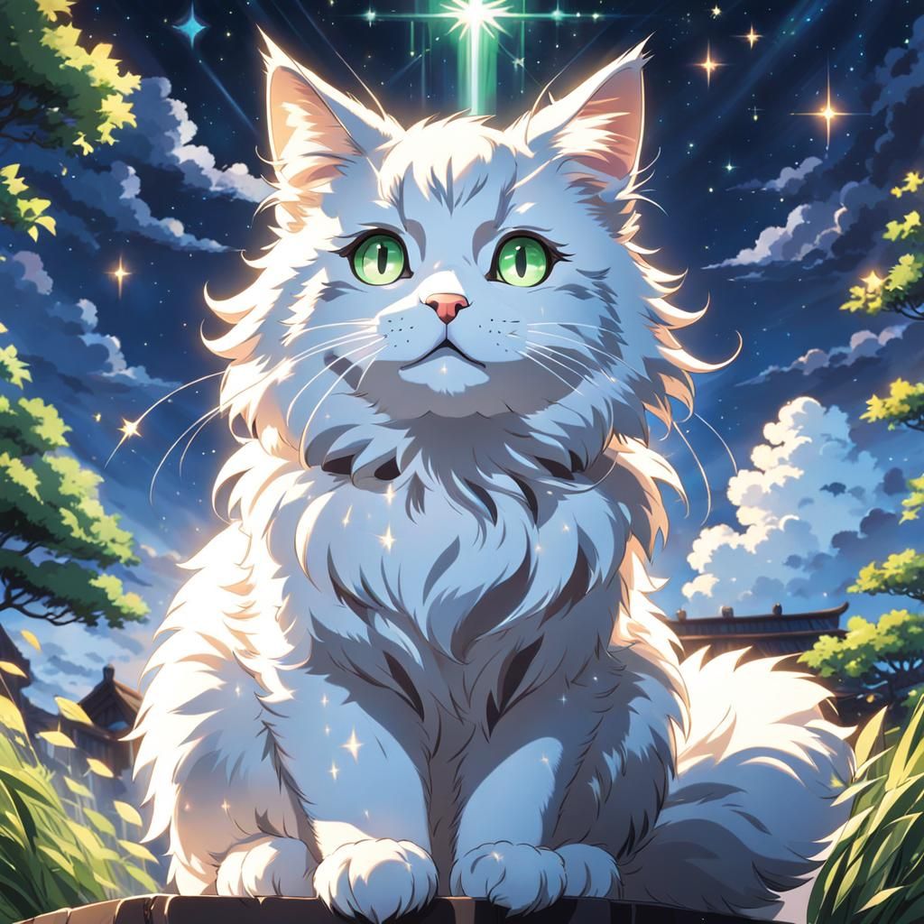 Feline Under Sparkling Sky in Anime Style