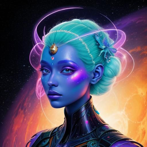 Beautiful Alien Princess in Holographic Astral Illustration