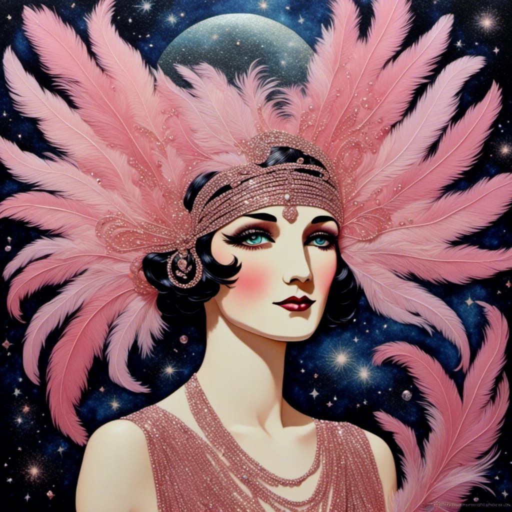 Pink Flapper in a Magical Nebula Sky