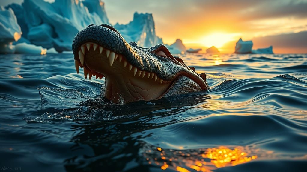 Cyborg Woman Rides Crocodile in Arctic Sunrise