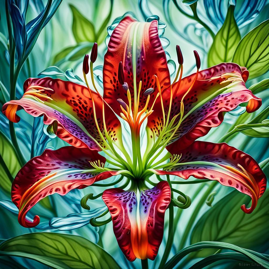 Glass Tiger Lily in Vibrant Art Nouveau Style