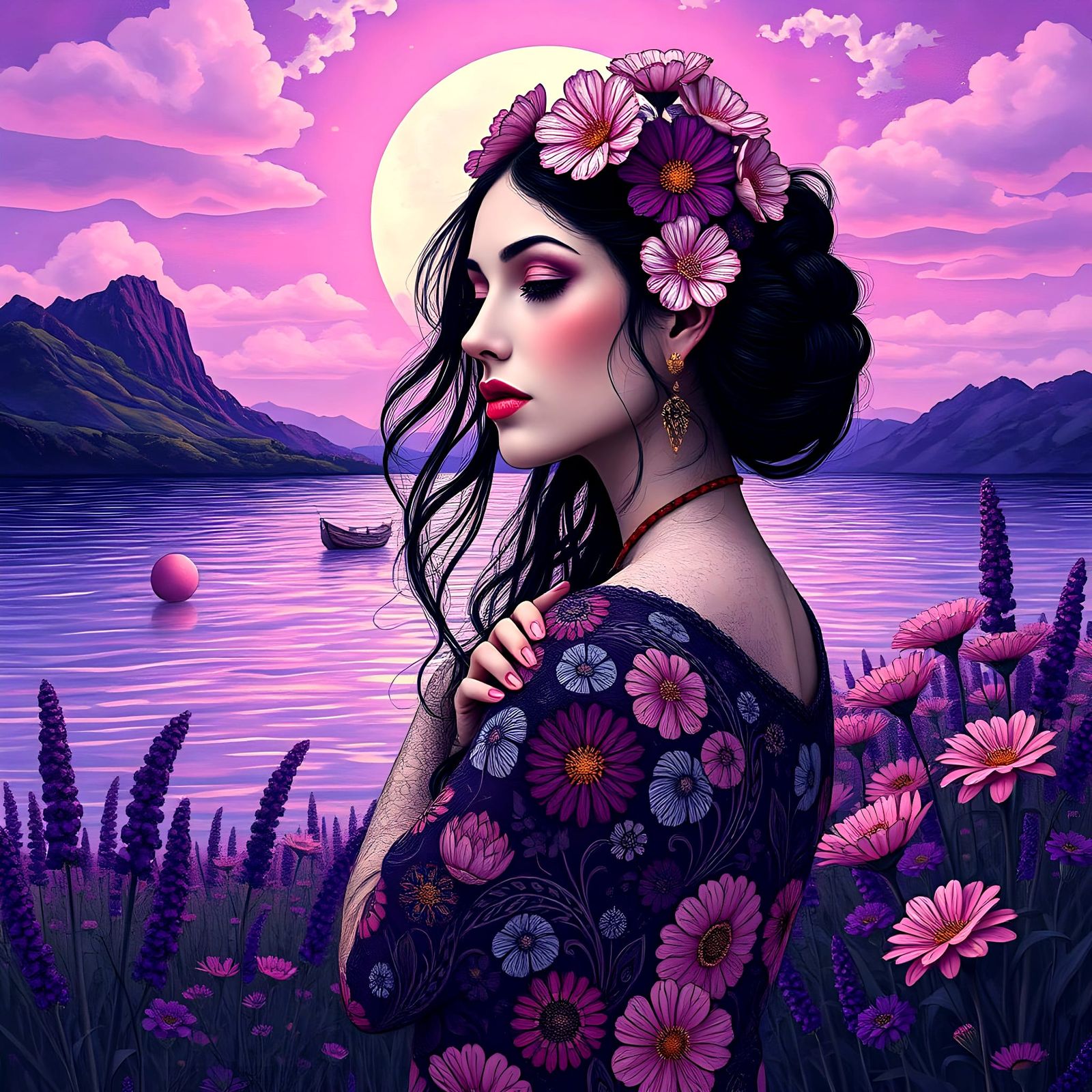 Surreal Art Nouveau Masterpiece in Lavender and Violet Hues