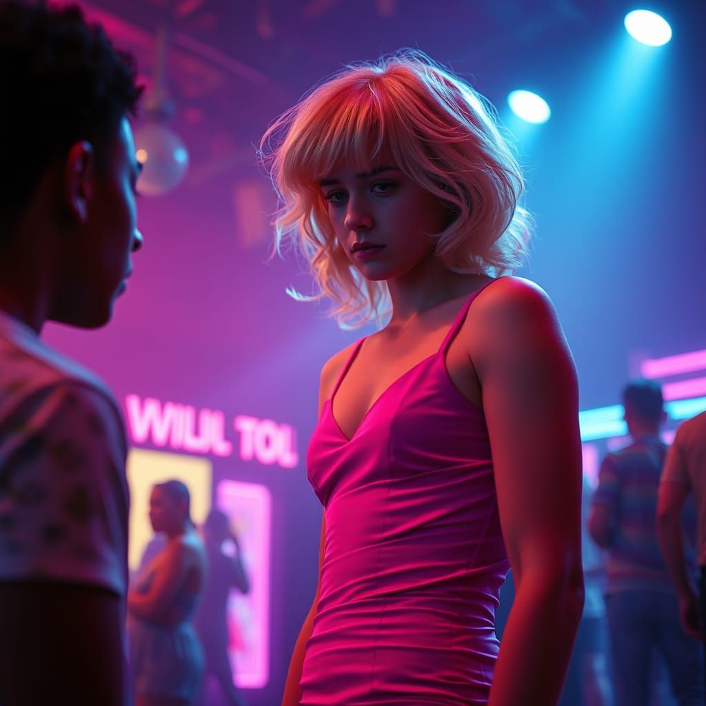 Worried Boy in Pink Prom Dress Approached in Discotheque