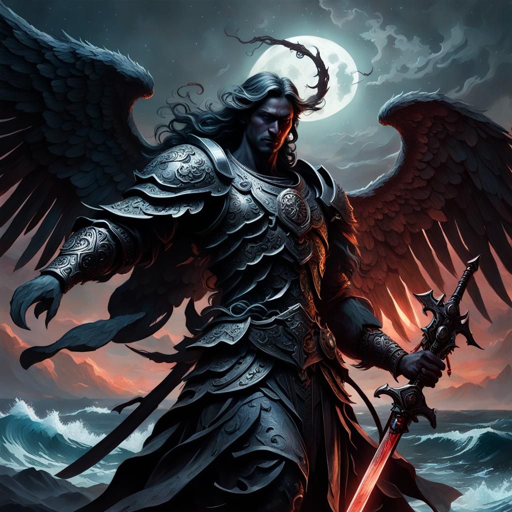 Armored Fallen Angel Emerging from Hell