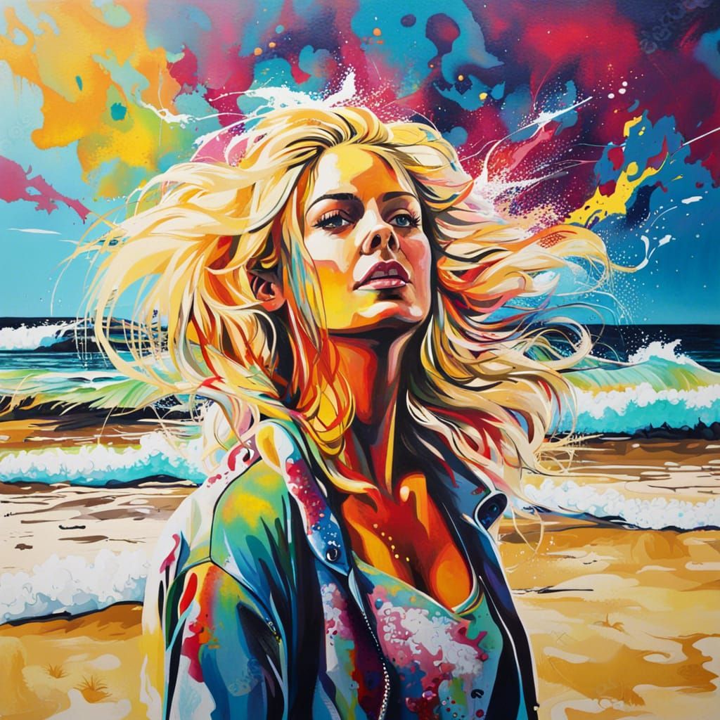 Blonde Woman on Beach in Graffiti Art Style