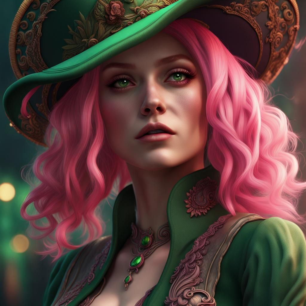 Fantasy Woman with Pink Hair and Green Hat