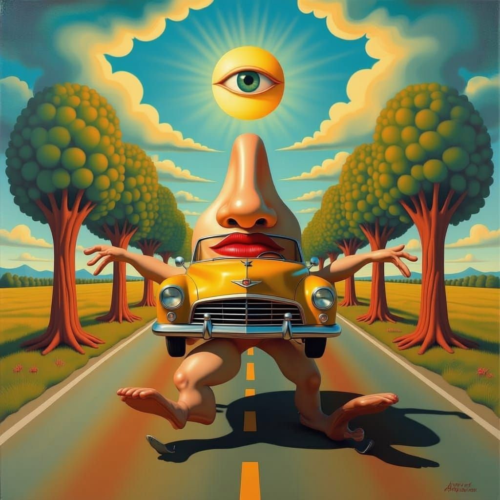 Surreal Nose Drives Skin Car with Leg Wheels