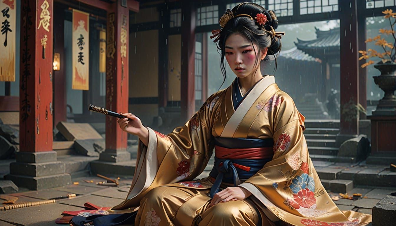 Geisha with Broken Katana in Ruined Temple, Art Nouveau Styl...