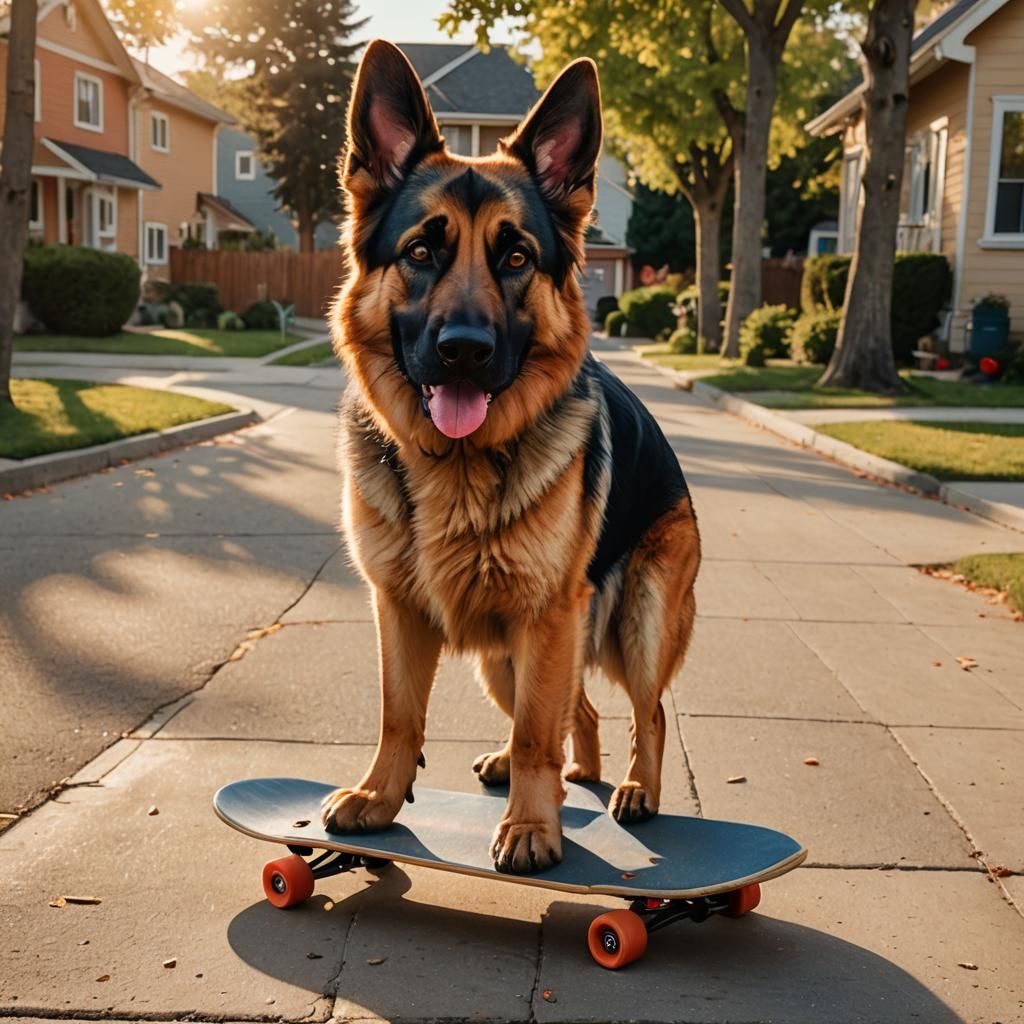 German Shepherd Dog Skateboarder in Cartoon Style