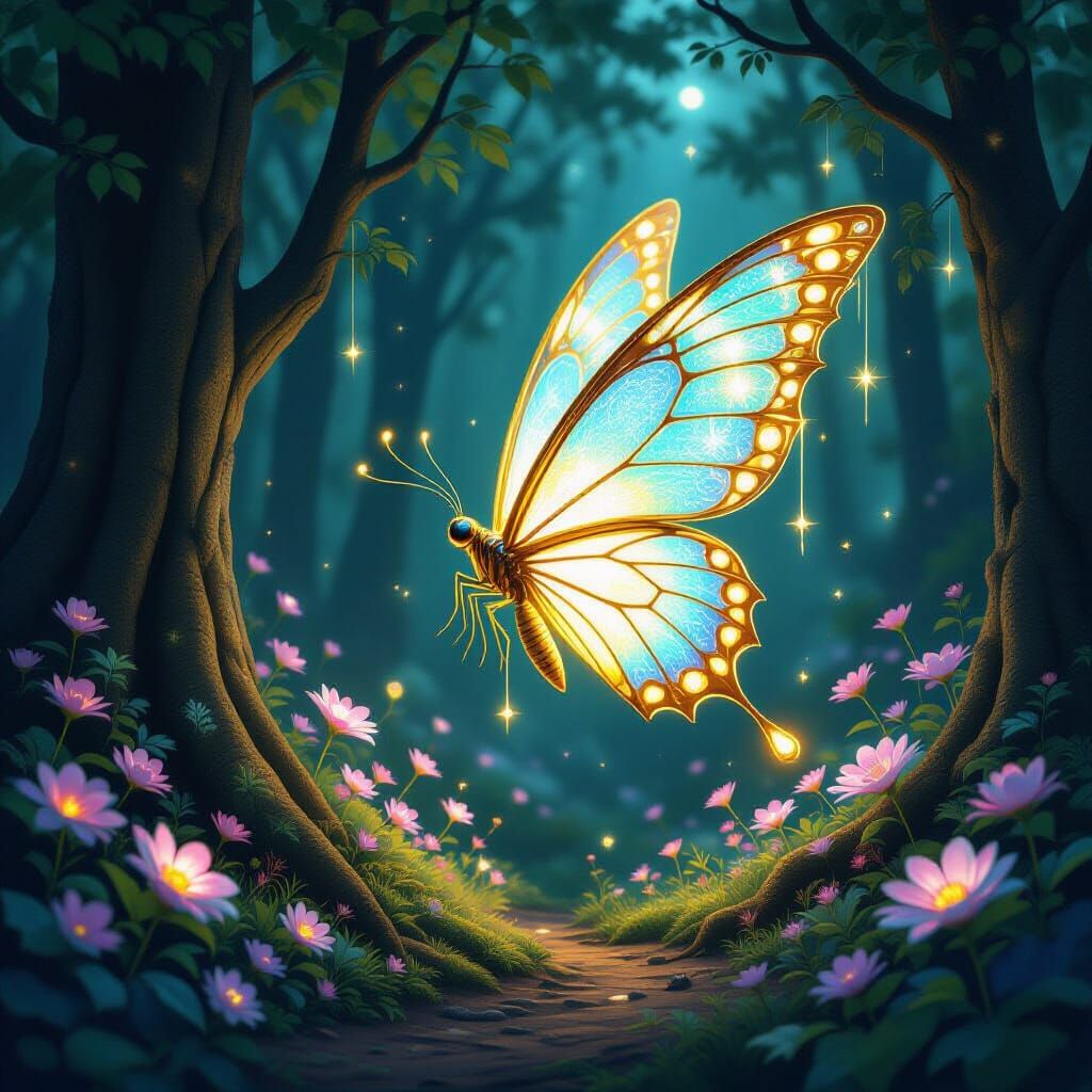 Magical Bioluminescent Forest with Crystal Creatures