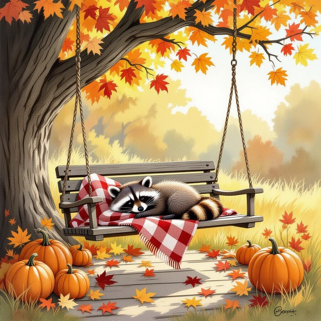 Sleeping Raccoon on Porch Swing in Autumn Sunlight