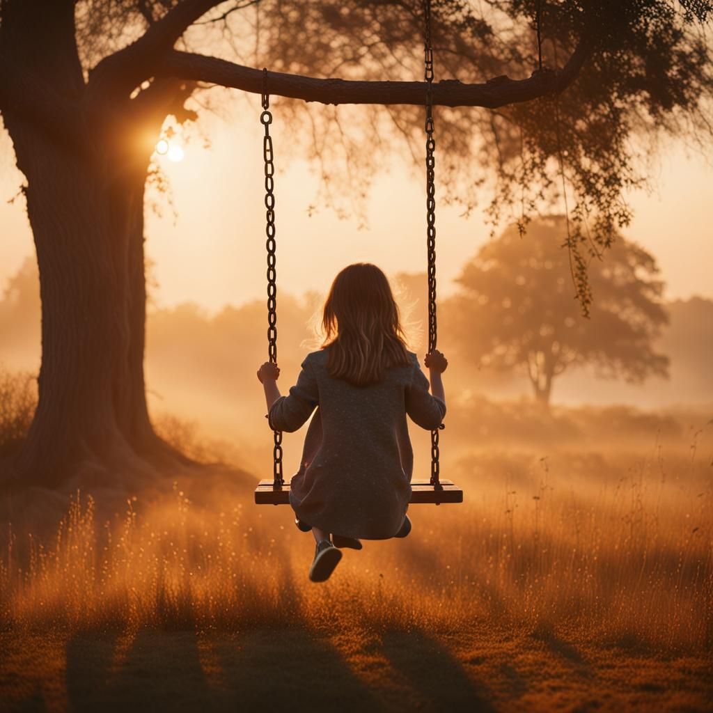 Girl Swinging in a Golden Hour Meadow