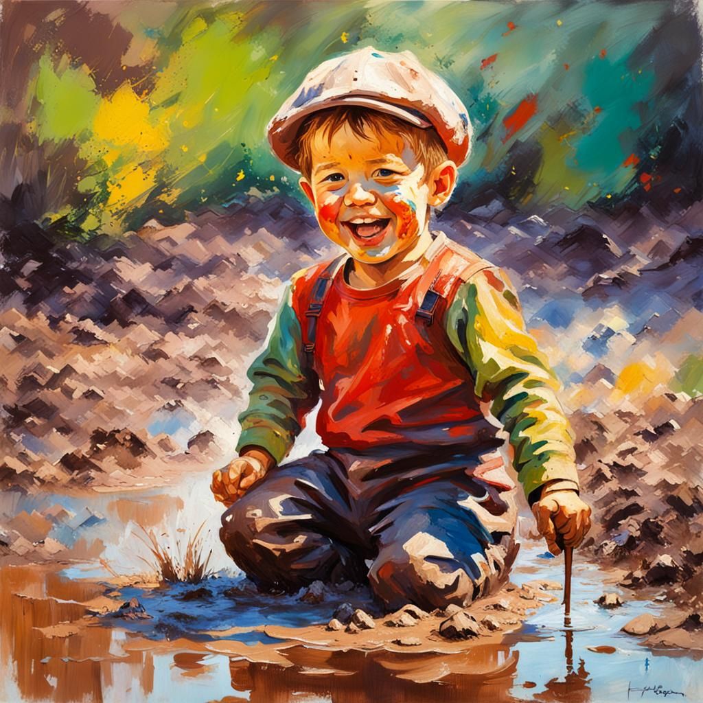 Child's Joyful Mud Play in Impressionist Style