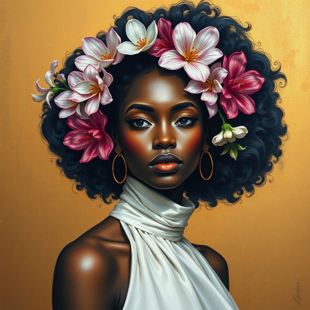 Confident Woman with Flowers in Abstract Portrait