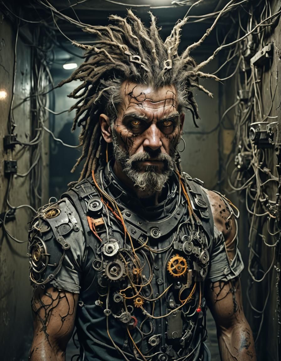 Damaged Cyborg with Dreadlocks in Gothic Horror Corridor