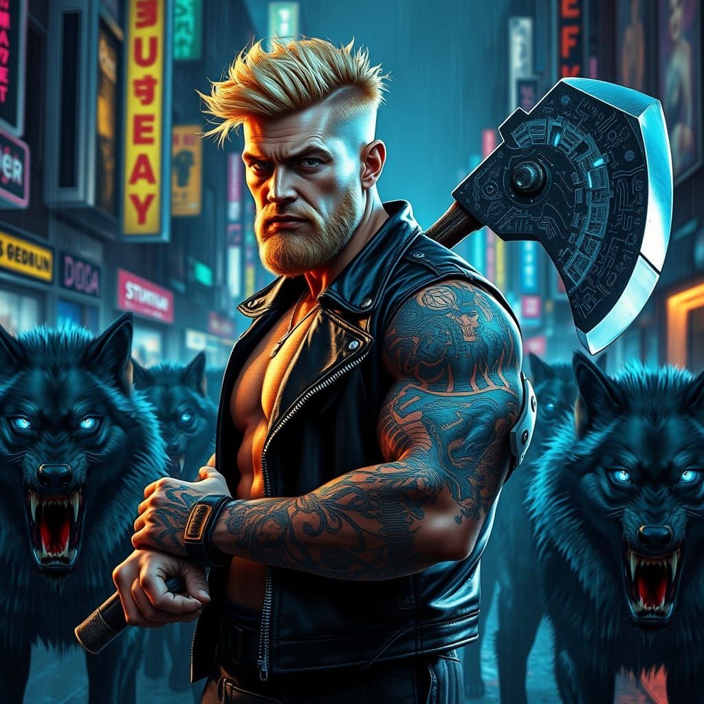 Cyberpunk Warrior Defies Wolves with Neon-Lit Tattoos