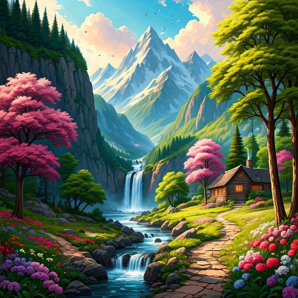 Dreamy Mountain Landscape with Quilted Folk Art Cabin