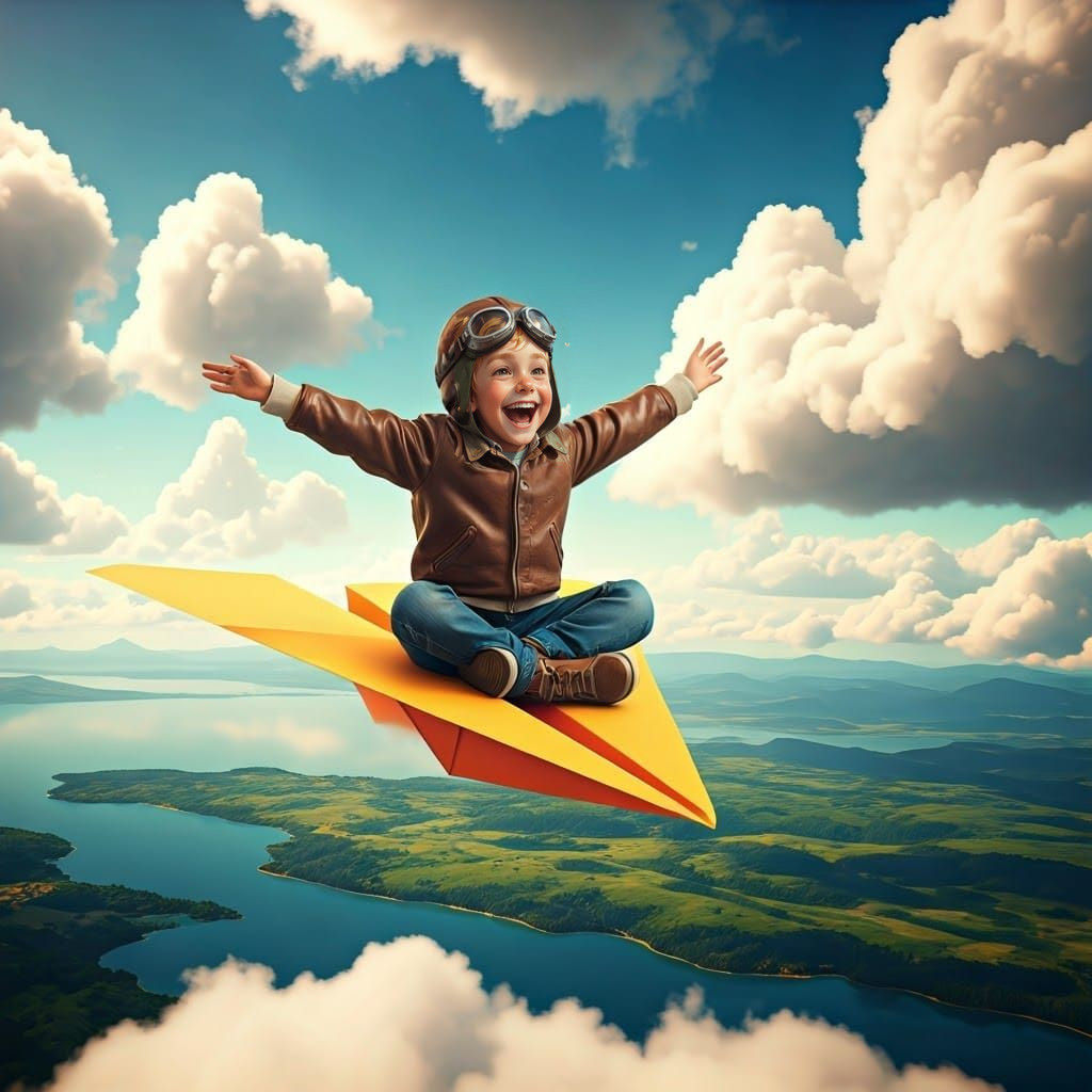 Boy in Flight on a Paper Airplane with Magical Landscape