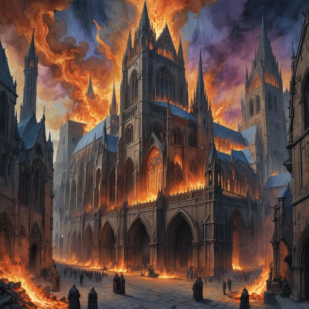 Burning Cathedral in Medieval City, Fantasy Art