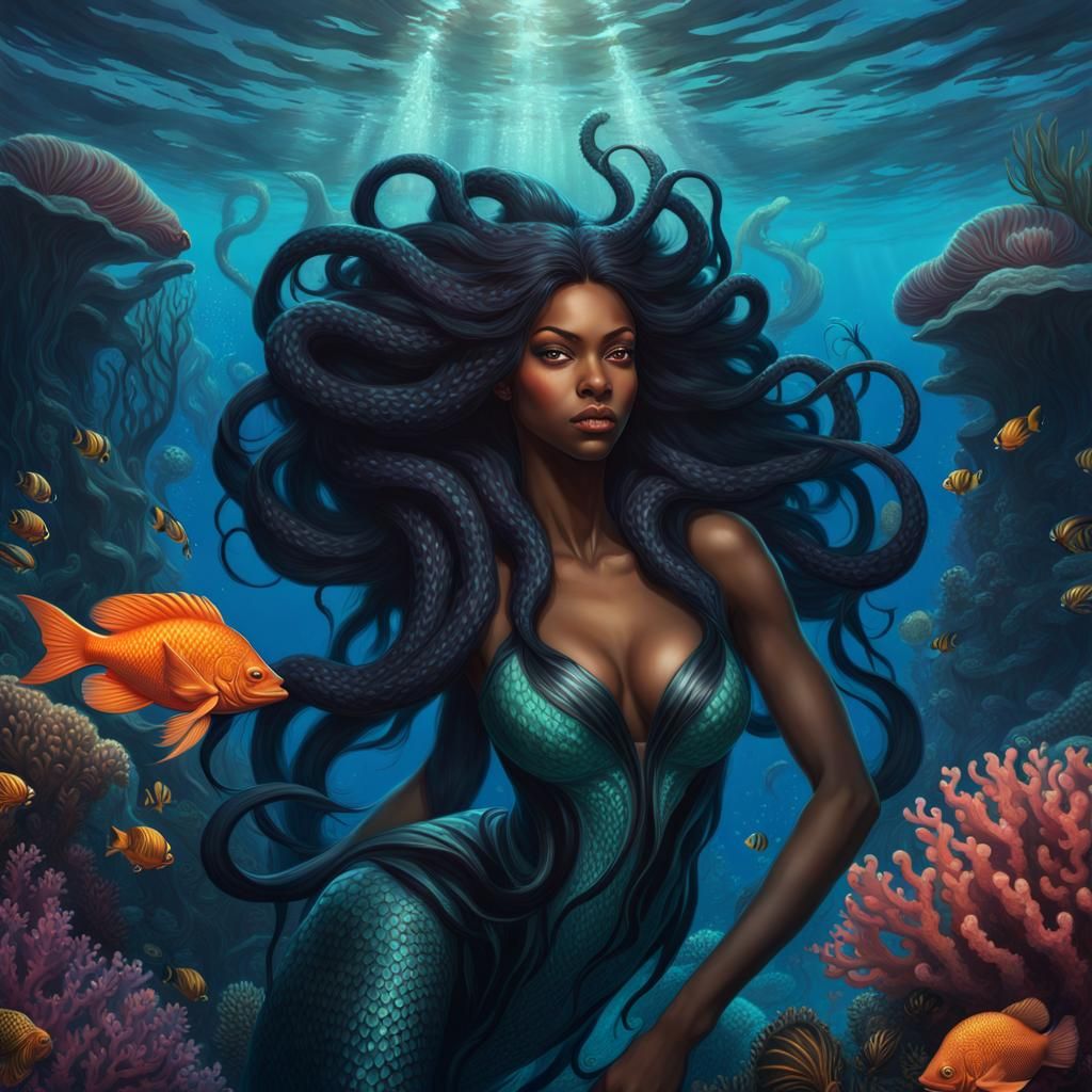African Kraken Girl Underwater: Hyperdetailed Concept Art