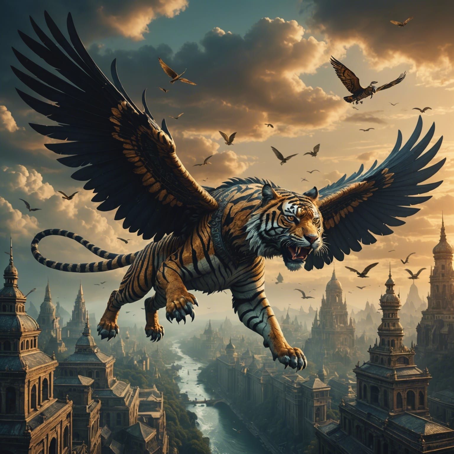 Winged Tiger in a Dramatic Digital Painting