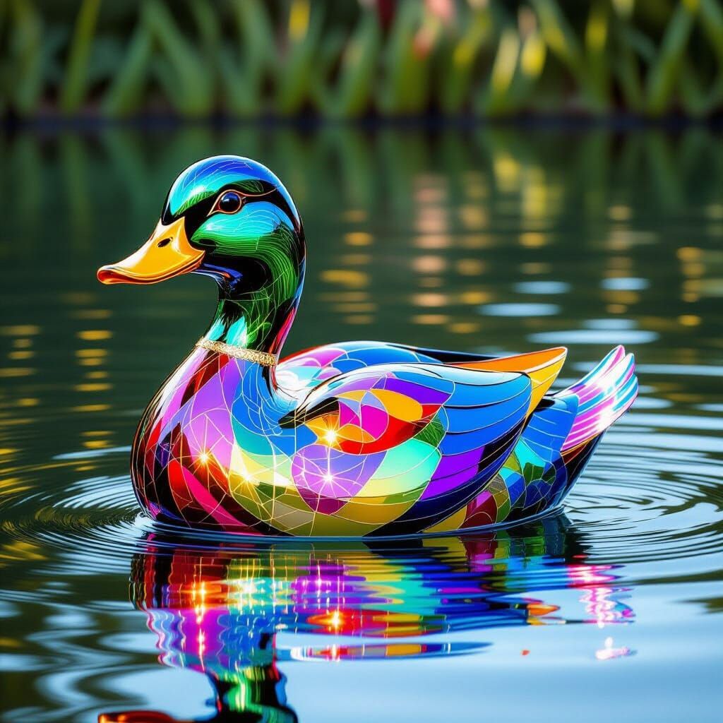 Glass Duck Swimming: Luminous Op Art Creation