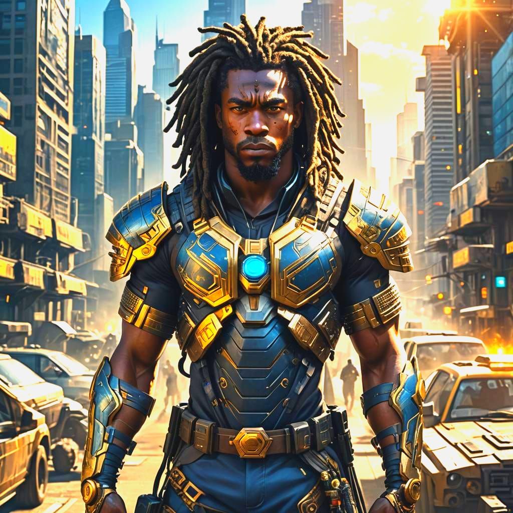Powerful Warrior in Futuristic Cityscape, Detailed Digital A...