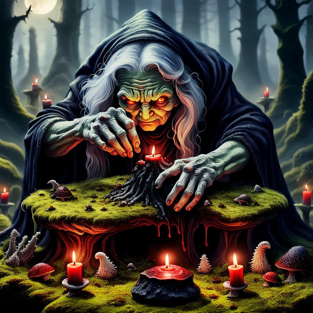 Ethereal Witch Squeezing Slug Blood in Fantasy Scene