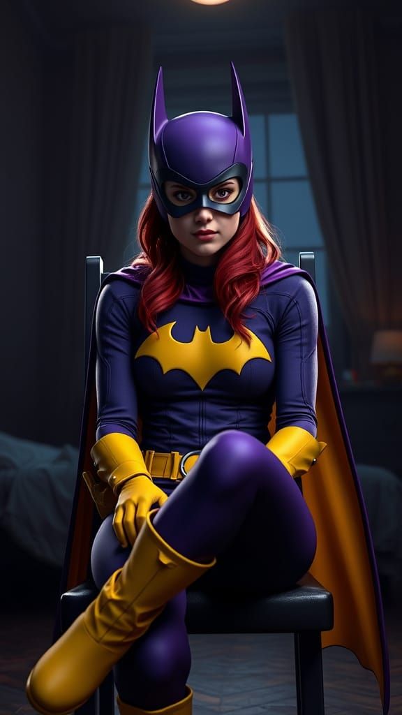 Determined Batgirl Trapped in a Moody, Purple-Lit Bedroom