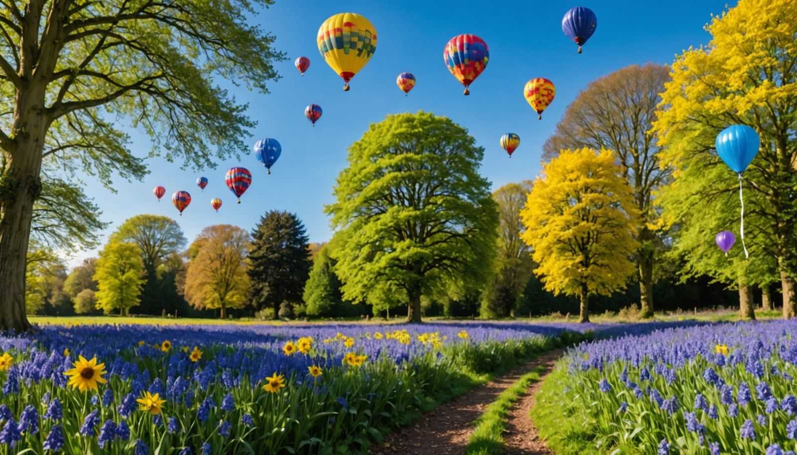 Colorful Balloons Float Over Bluebell Woodland