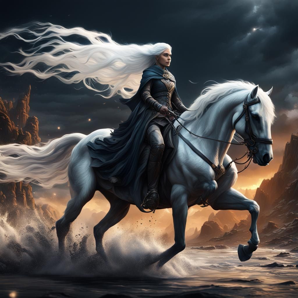 White Haired Woman on Black Stallion Fantasy Art