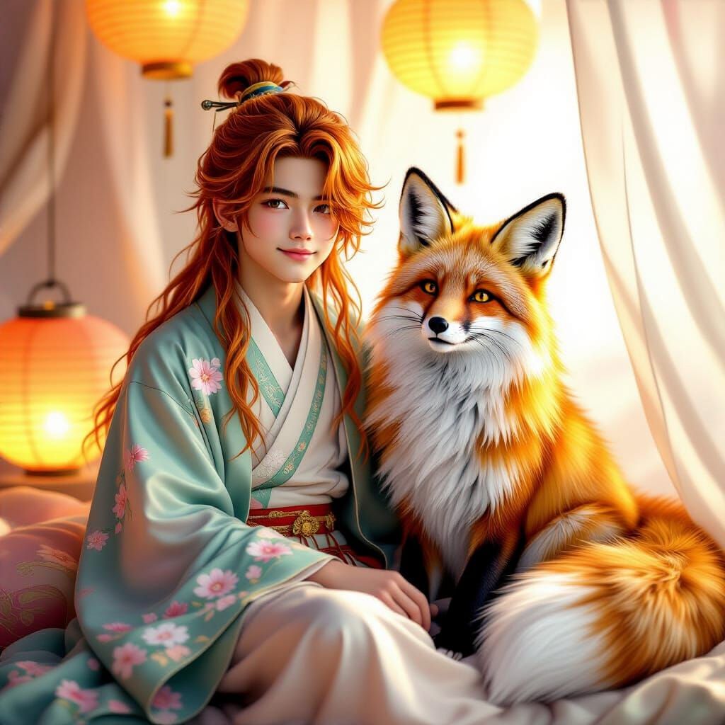 Boy with Fox Pet in Dreamy, Colorful Wuxia Style