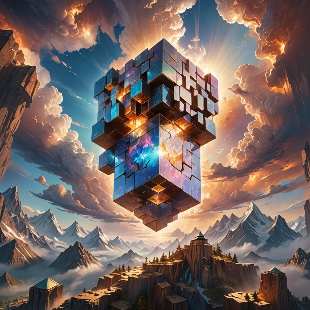 Radiant Cube Descends From Sky in Fantasy Art