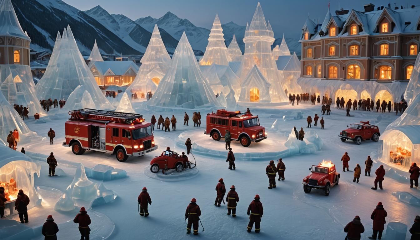 Surreal North Pole Fireman Party in Mucha Style