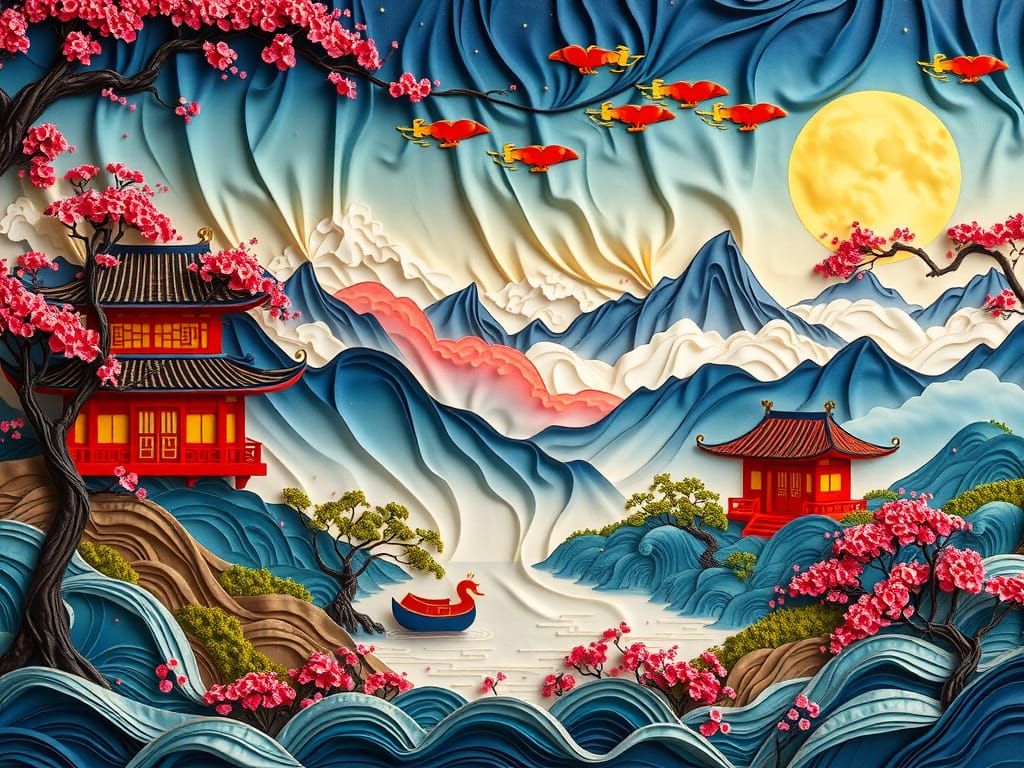 Traditional Chinese Landscape on Silk Fabric in Impressive R...