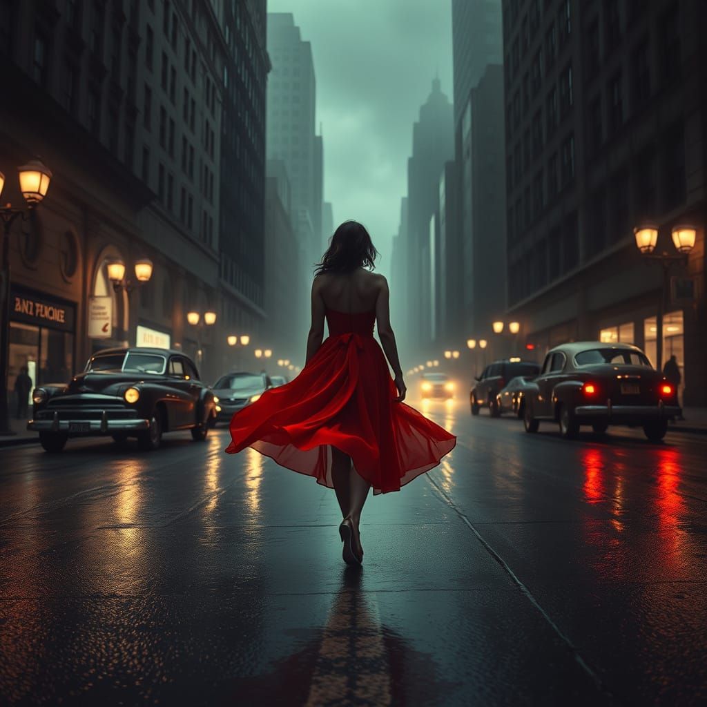 Eerie Neo-Noir Cityscape with a Flash of Crimson