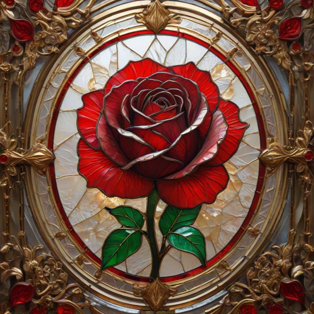 Red Rose Stained Glass Art with Gold Leaf