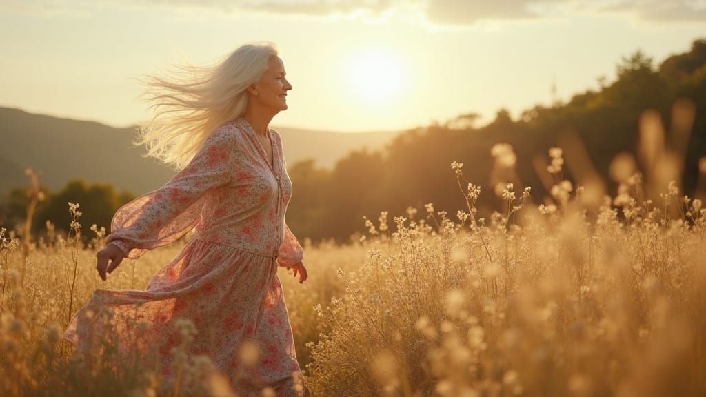 Elderly Woman Strolls Through Serene Landscape in Vibrant Fl...