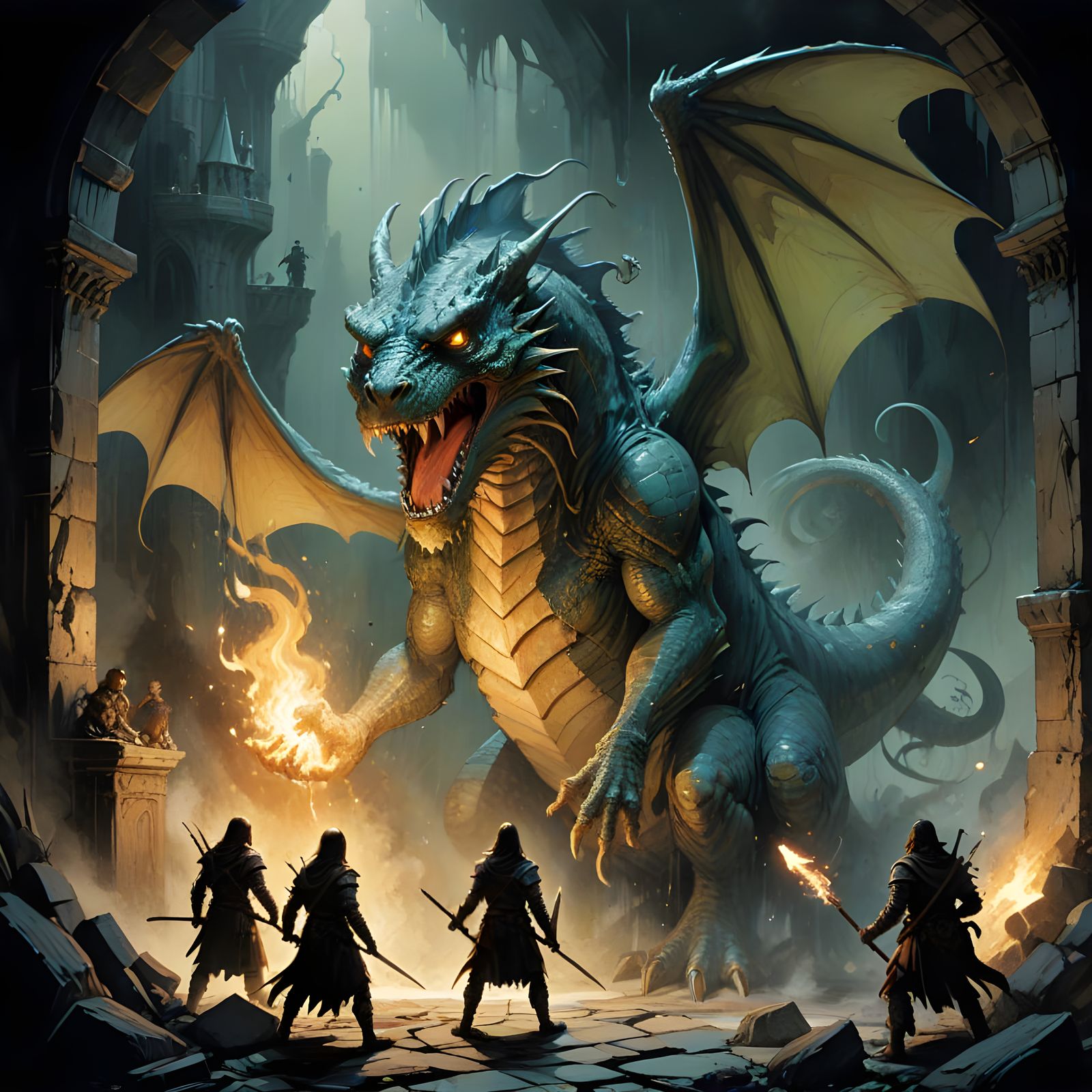 Basilisk Confronts Adventurers in Retro Cartoon Comic