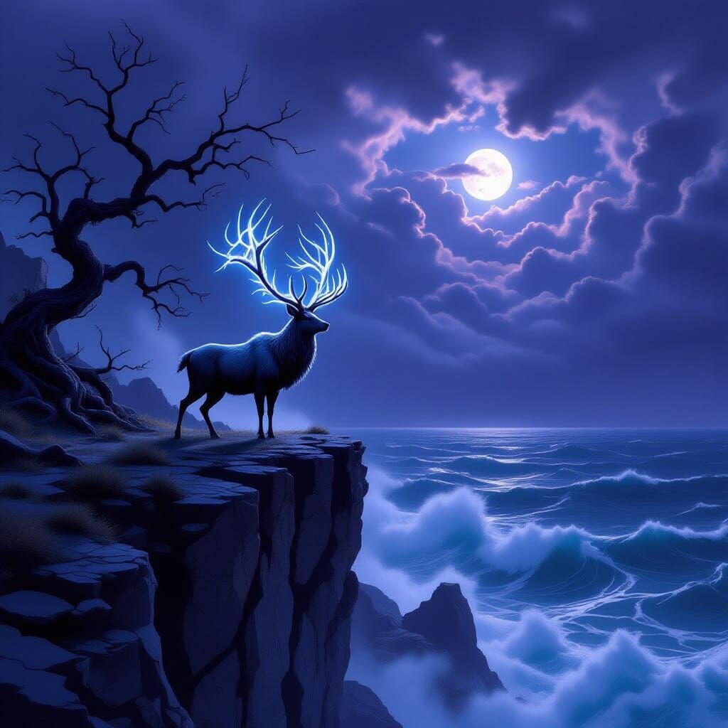 Majestic Stag on Stormy Cliff Edge in Dark Fantasy Style