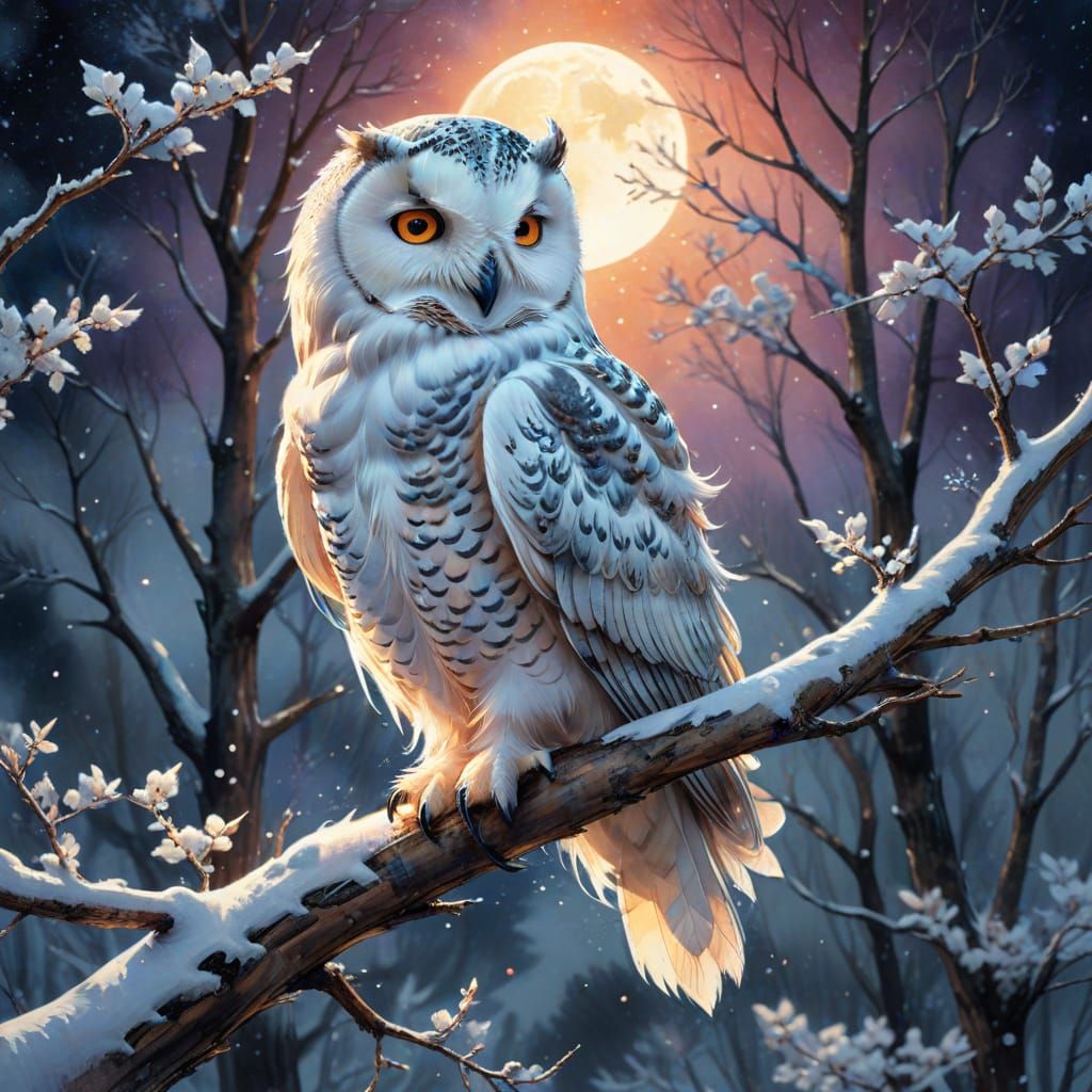 Snow Owl in Moonlit Winter Sky: Watercolor Art