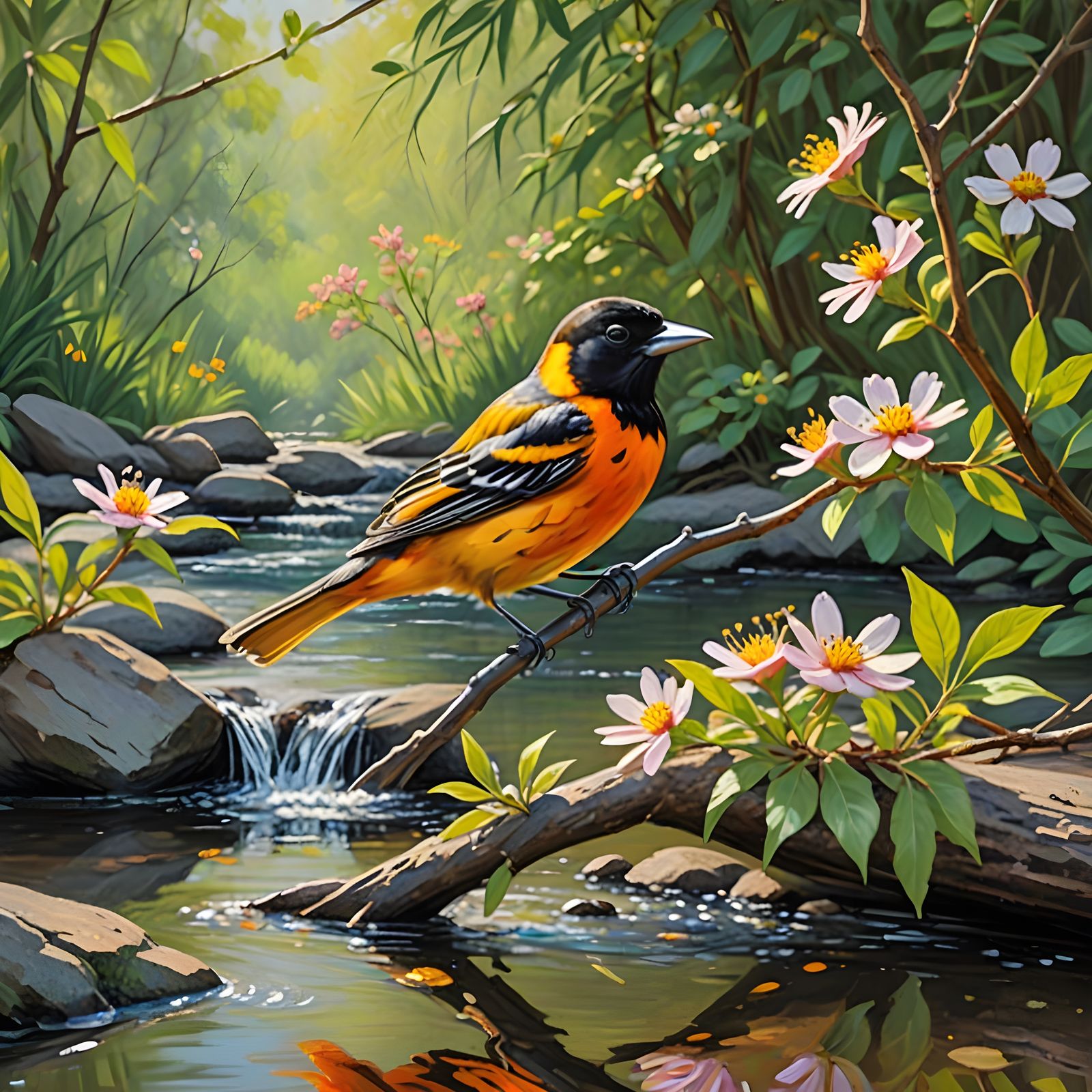 Baltimore Oriole Bird on Branch Over Stream