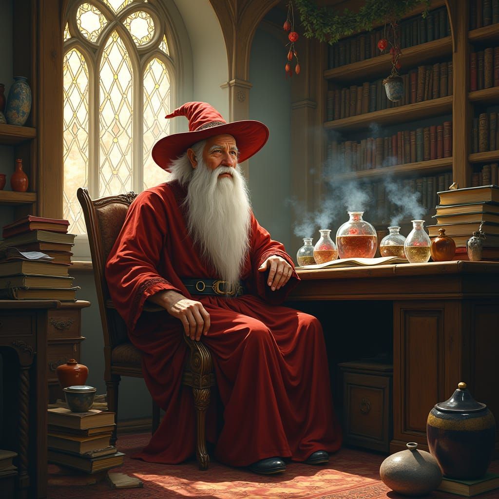 Wizard in Study, Art Nouveau Fantasy Illustration