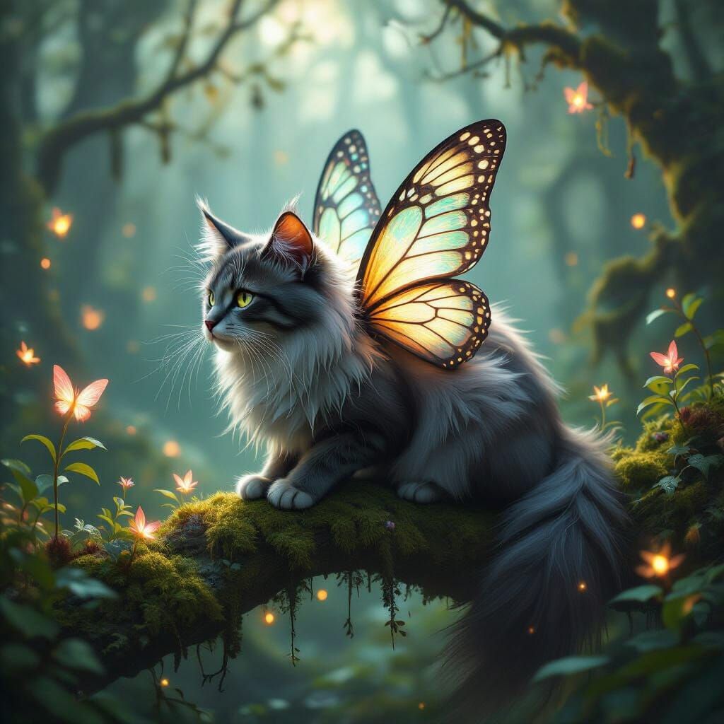 Elegant Medieval Cat with Butterfly Wings in Enchanted Fores...